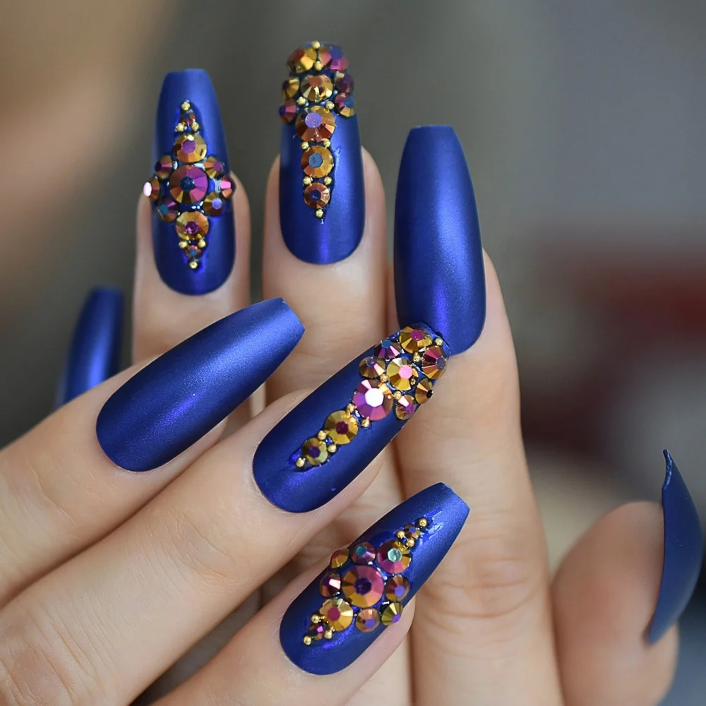 

Long Matte Royalblue Attractive Nail Art Tips 3D Diamond Unique Full Fingernails Customize Luxury Press On Nails 24PCS L5424, Blue