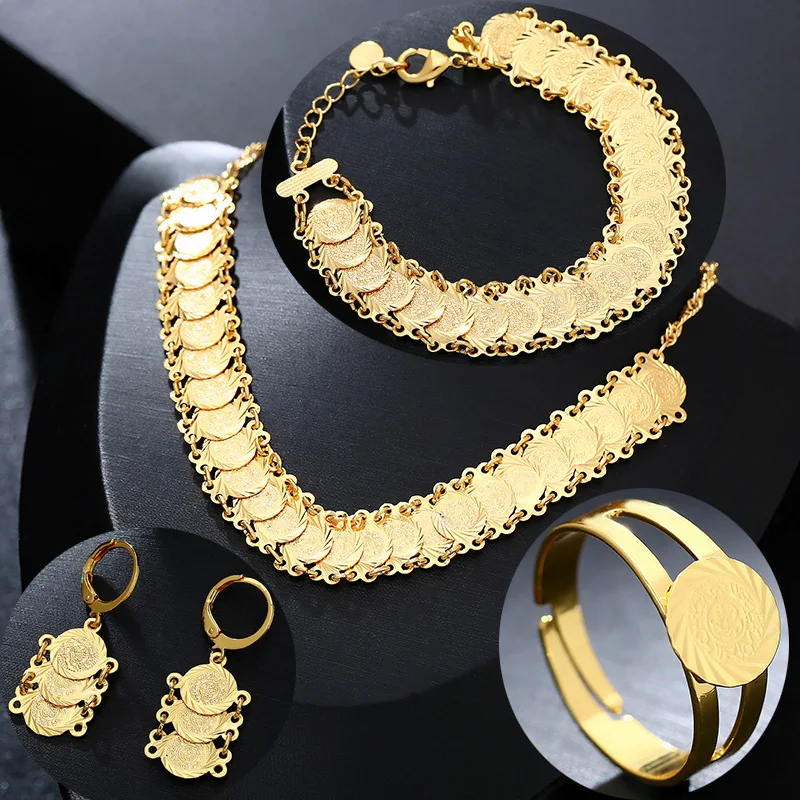 

European and American new jewelry brass plated real gold Arab coin necklace earrings bracelet ring set, Picture