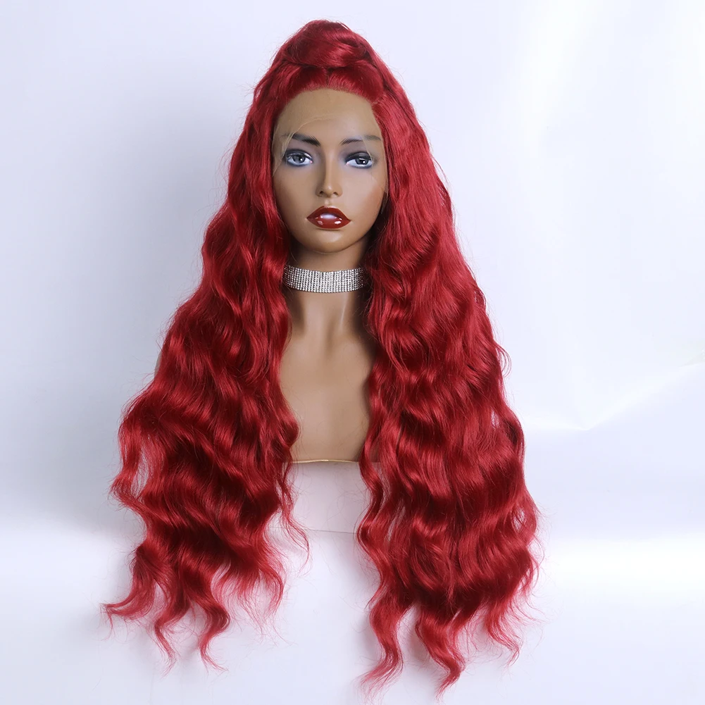 

Factory Price New Arrival High Density Red Synthetic Lace Wig Long Wave Front Lace Wig Soft High-quality Halloween Wig