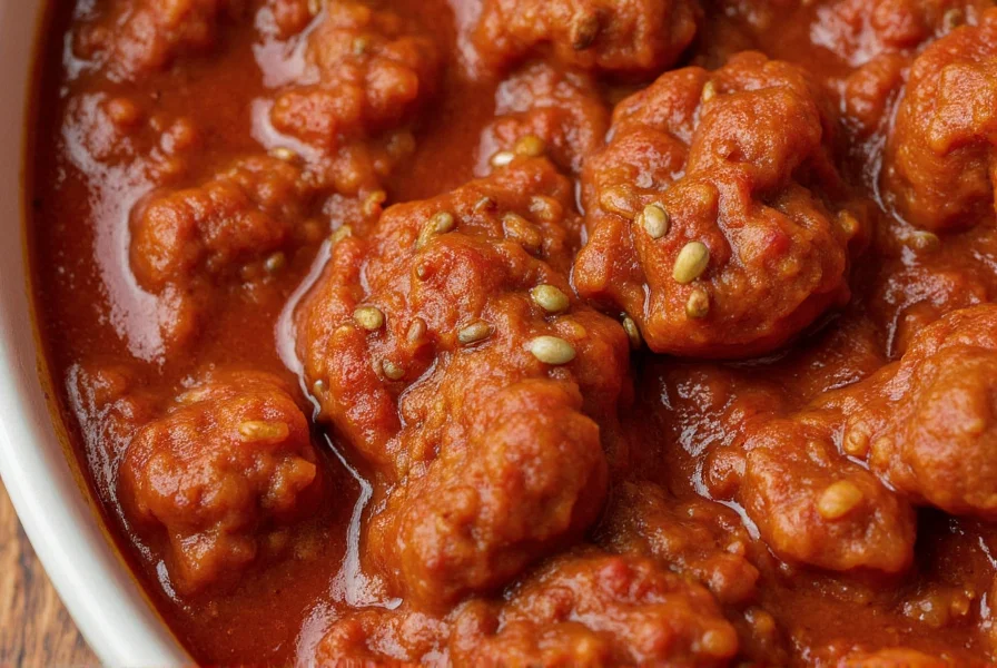 Close-up of authentic chili con carne showing tender beef chunks in rich dark red sauce with visible whole cumin seeds