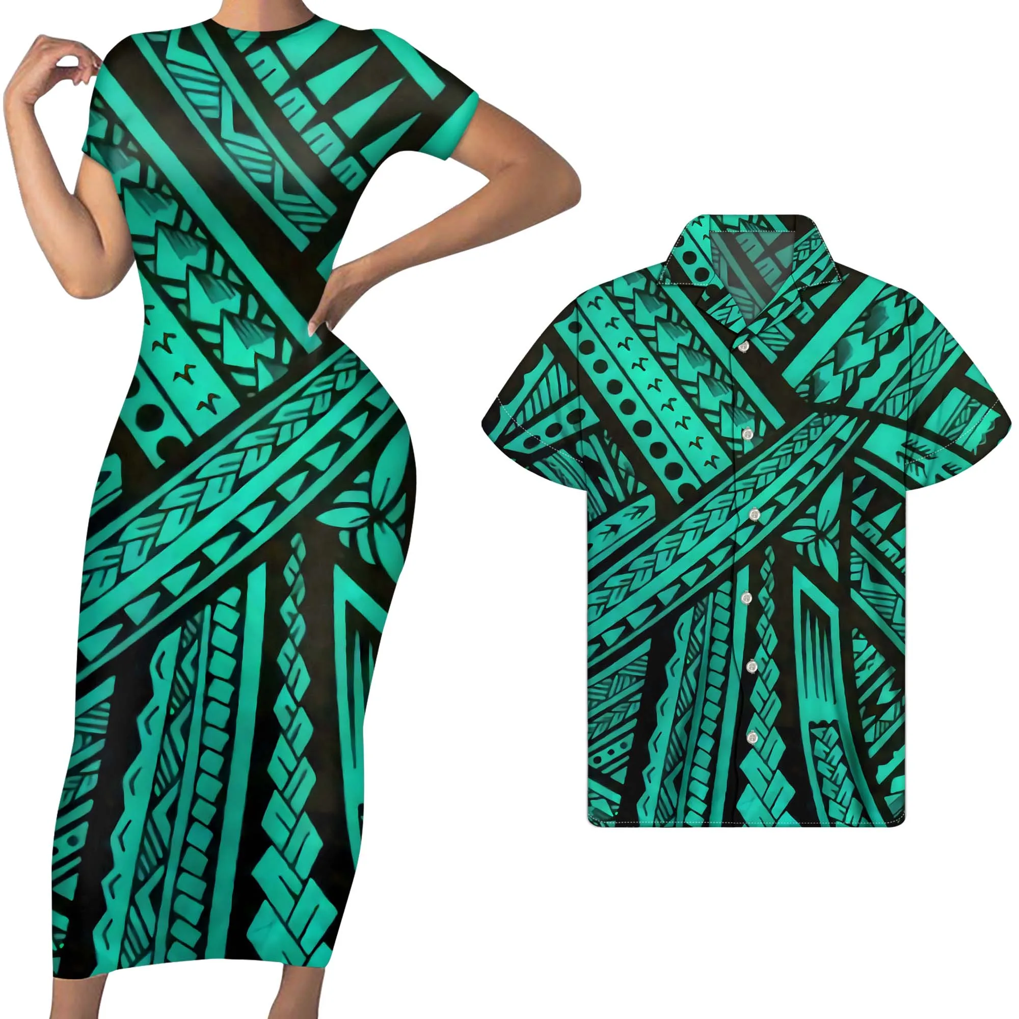 

Original Green Polynesian Tribal Print Short Sleeve Bodycon Long Dress Match Men Shirts 2020 Trendy Couple Clothing Custom POD, Customized color