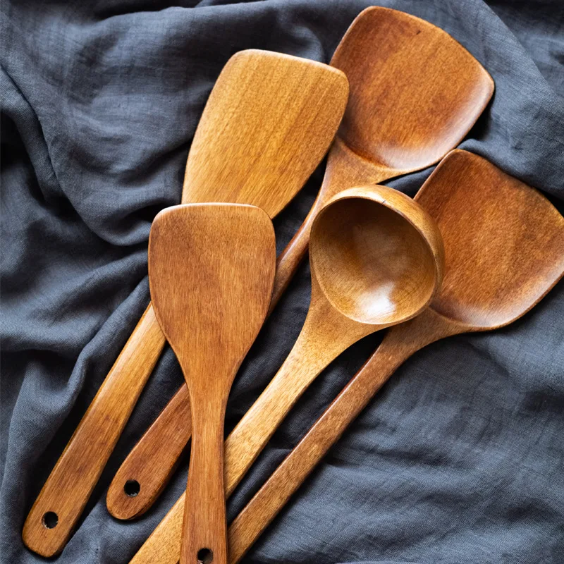 

Eco-Friendly Natural Long Handle Wooden Spoon Spatula Set Kitchen Utensils