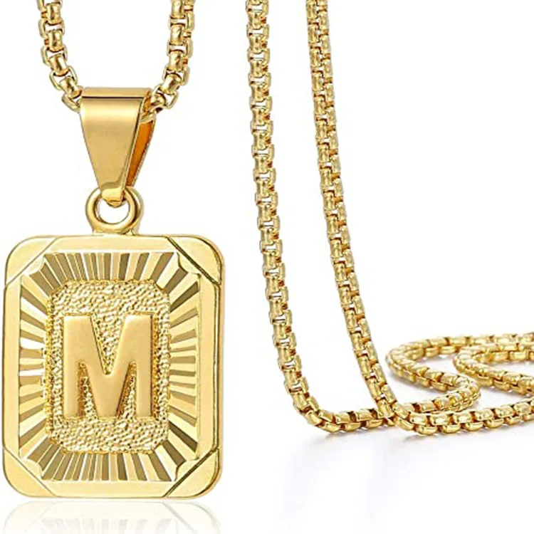 

Amazon Top Selling Real Gold Plated Stainless Steel Square Initial Pendant Necklace Luxury Hip Hops Alphabet Necklace, Picture color