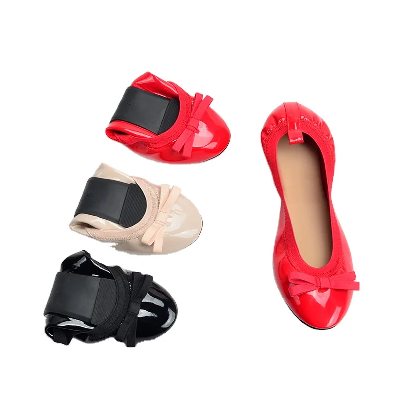 

Patent leather ribbon bows Elastic edge heel strap foldable ballet doll women flats shoes ballerina for ladies, Customized color