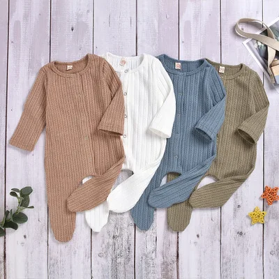 

Male and female infants and children pure cotton knitted pit strip lattice pocket one-piece romper romper wrap foot