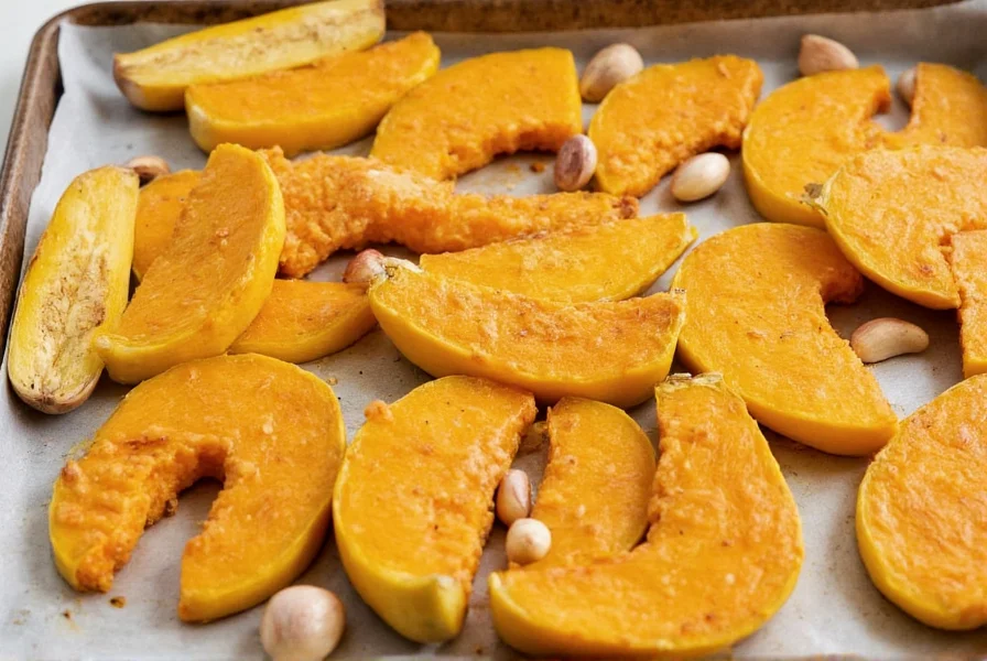 Perfectly roasted butternut squash halves on baking sheet with fresh ginger slices and whole garlic cloves