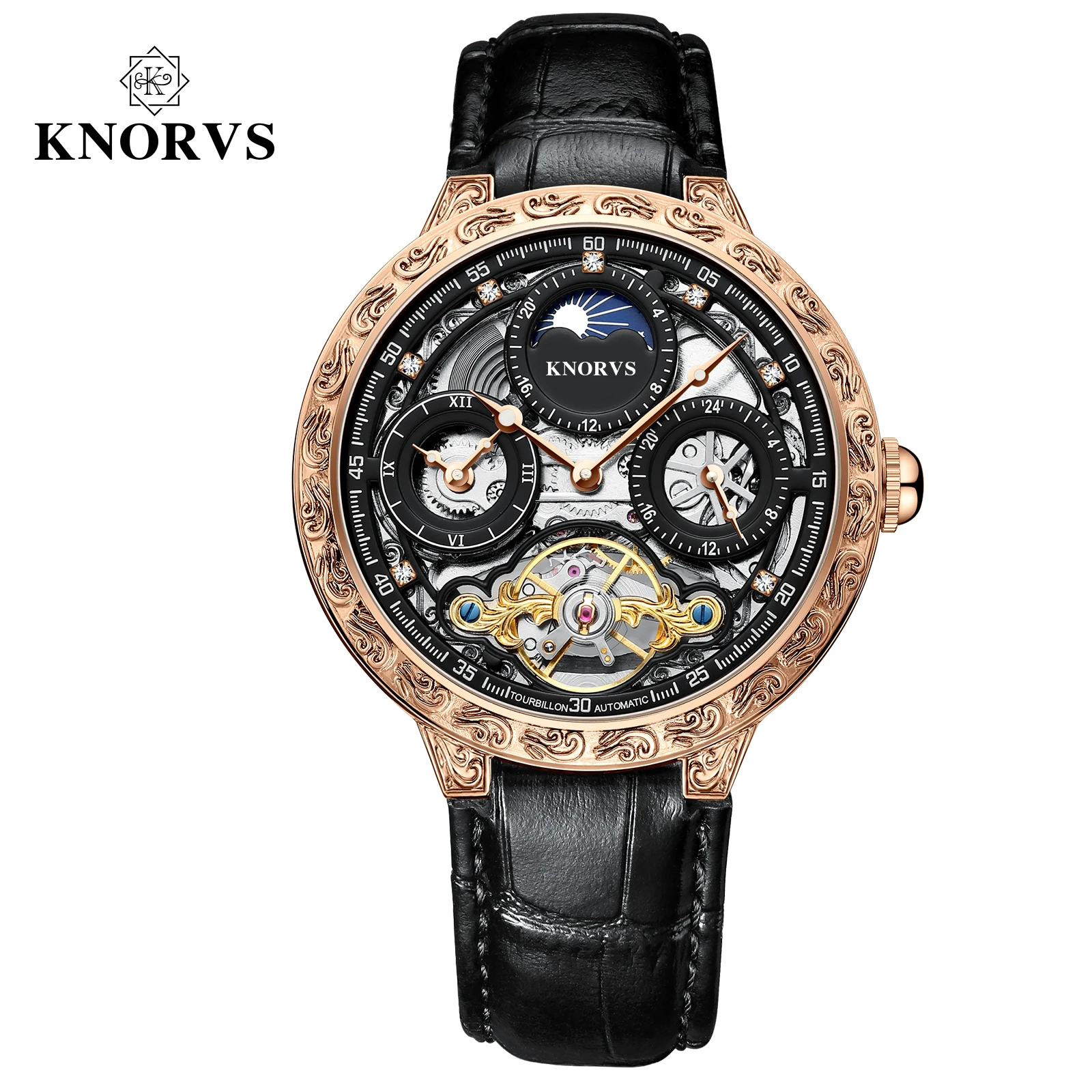 

KNORVS Switzerland brand new arrival Genuine Leather skeleton luxury Tourbillon movement mechanical watch wrist watches