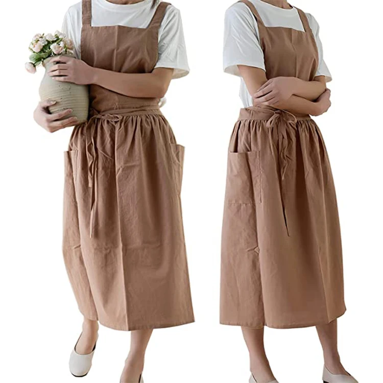

Women Cotton Linen Bib Apron Cross Back Work Apron for Cooking,Baking,Crafting
