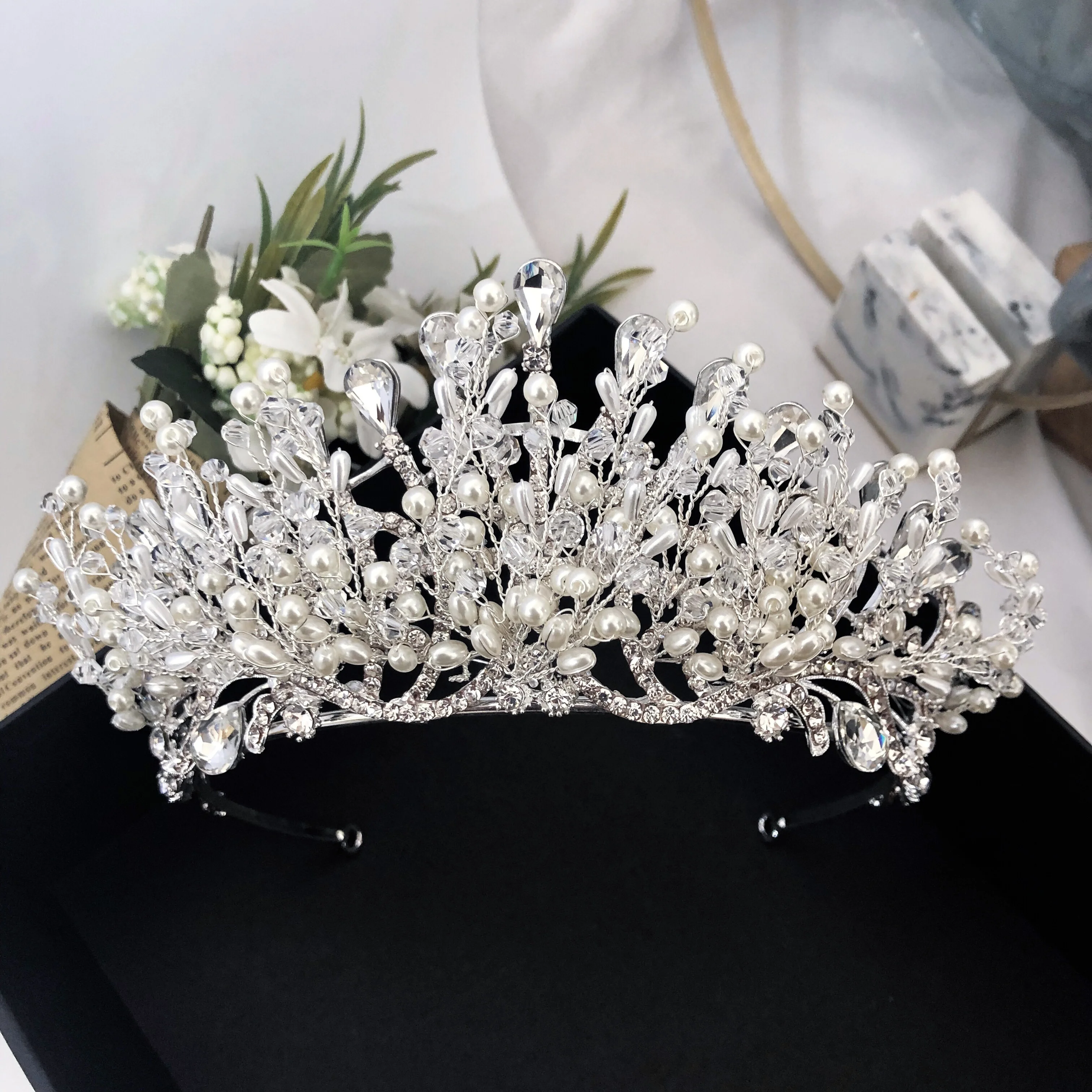 

wholesale hair Accessories Bridal wedding Headpiece Handmade Crystal Rhinestone Pearl Princess Crowns Tiara for women, Sliver