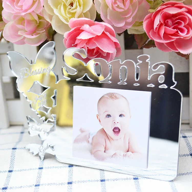 Free customized mirror acrylic laser cut baby photo f<em></em>rame for newborn birthday baby shower guest souvenirs