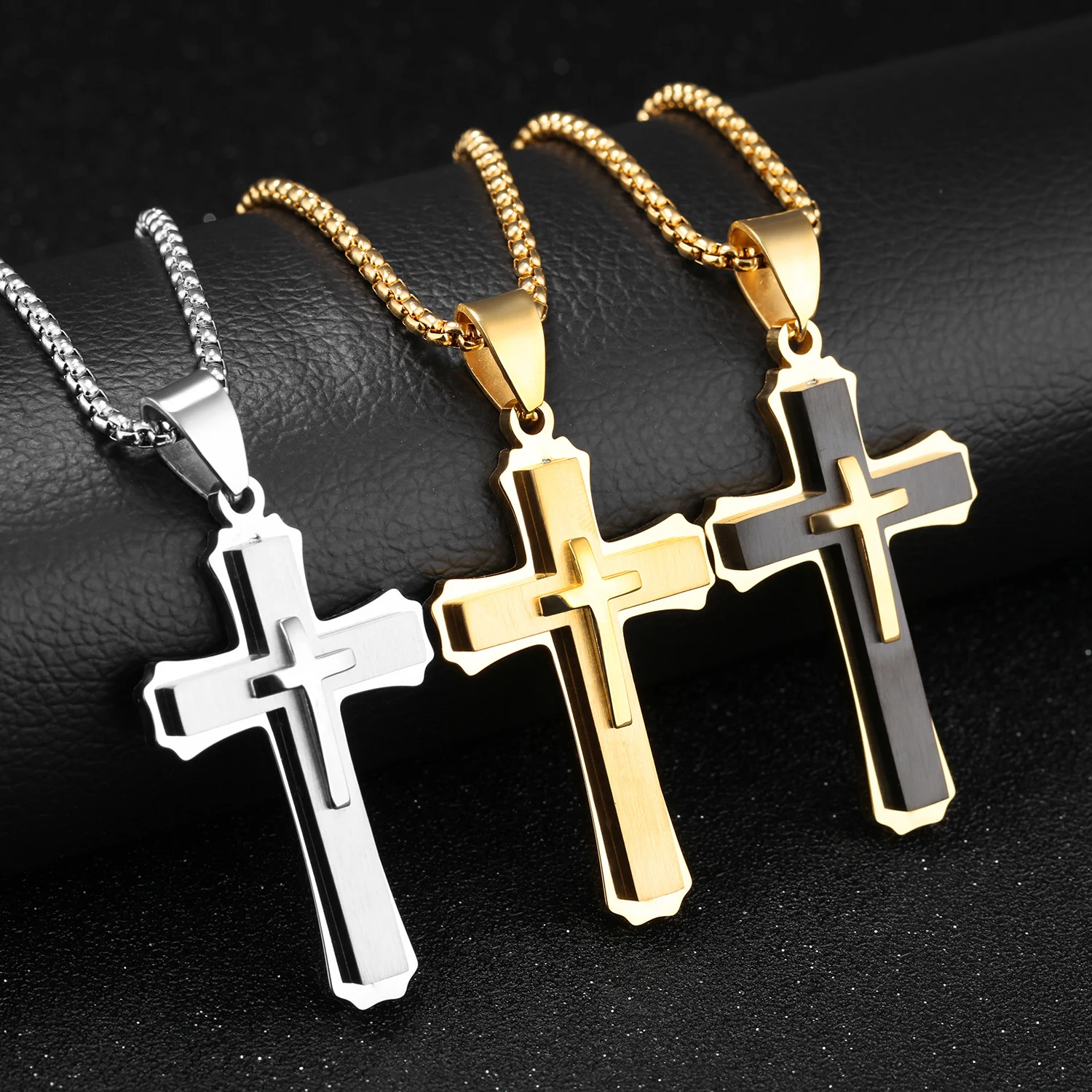 

Big Titanium Steel Cross Pendant Necklace for Men Teen Boys Jewelry Three Layers Jesus Cross Crucifix Necklaces with Box Chain, Silver, gold, black