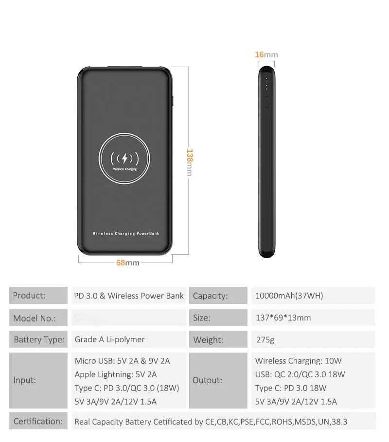 Portable universal 10000mAh polymer Wireless portable charger Power Bank Charger battery mobile power pack - ANKUX.COM