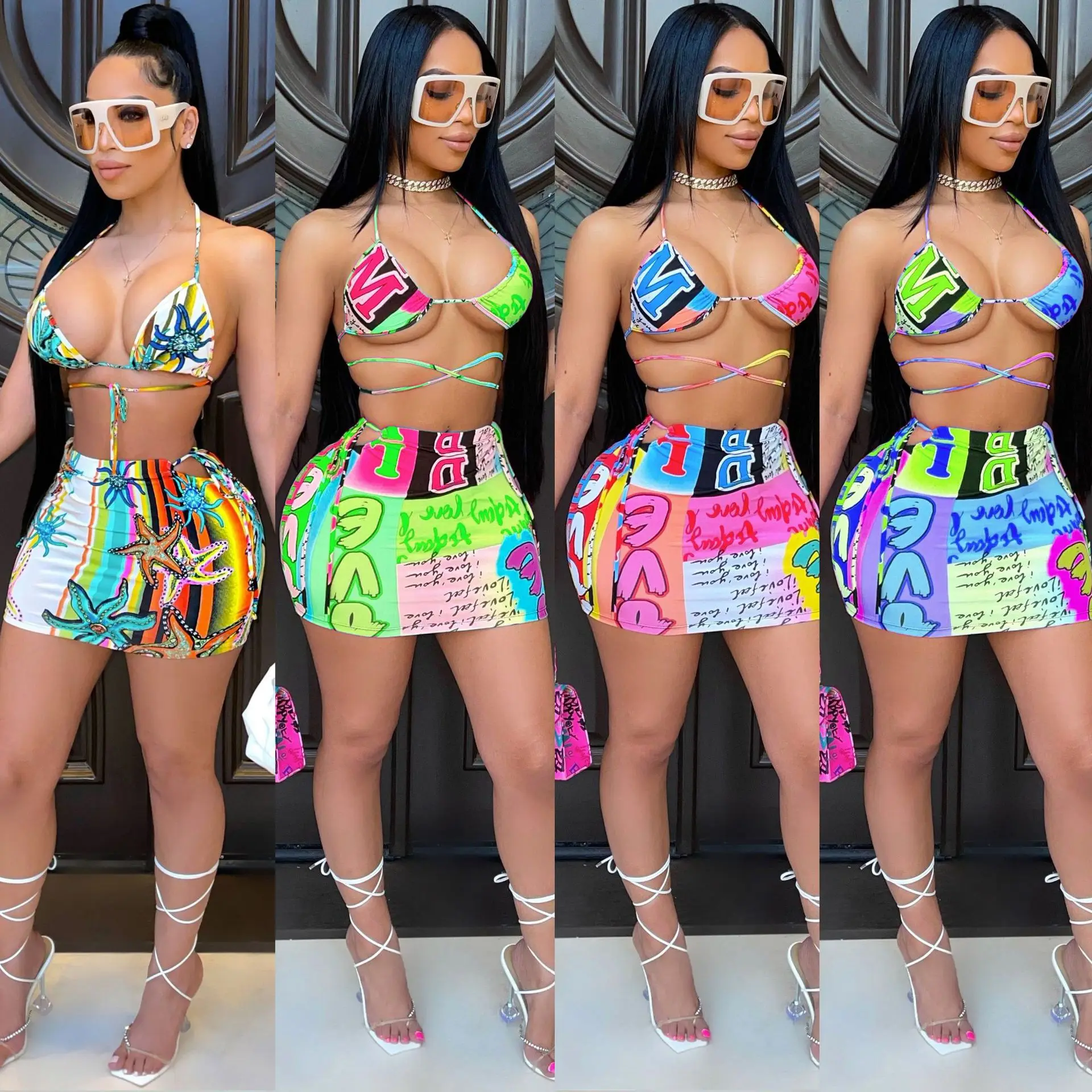 

2021 summer fashion girl women sexy sports Bandage printing swimsuit swimwear dress two piece set casual dress women clothing