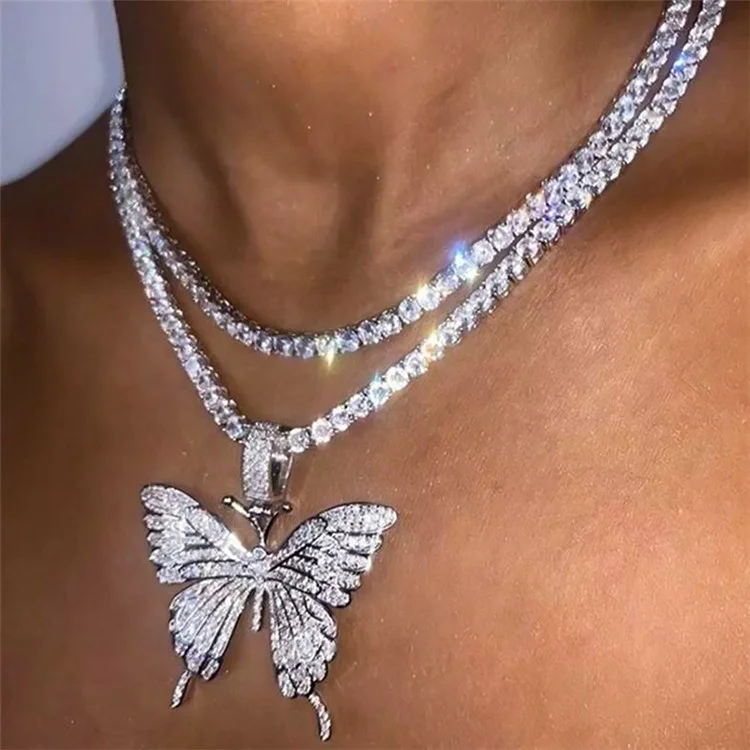 

Rhinestone Tennis Chain Butterfly Necklace Pendant Diamond Necklace Choker for Women, Picture