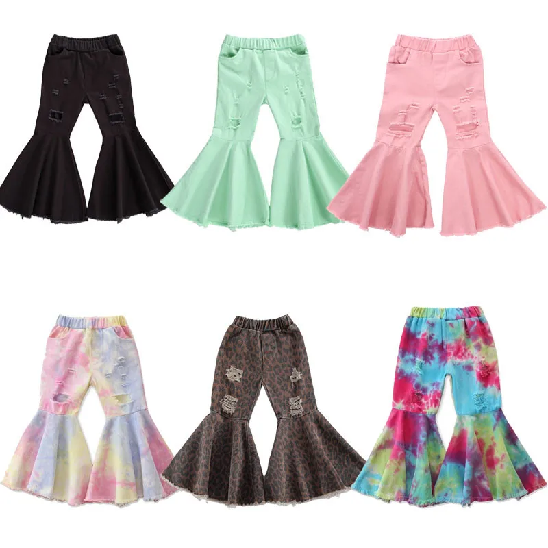 

Ready To Ship Tie Dye Leopard Kids Baby Girls Flare Jeans Pants Toddler Ruffle Denim Leggings Bell Bottom Ripped Pants, Tie dye leopard,red,pink, yellow, blue, lavender
