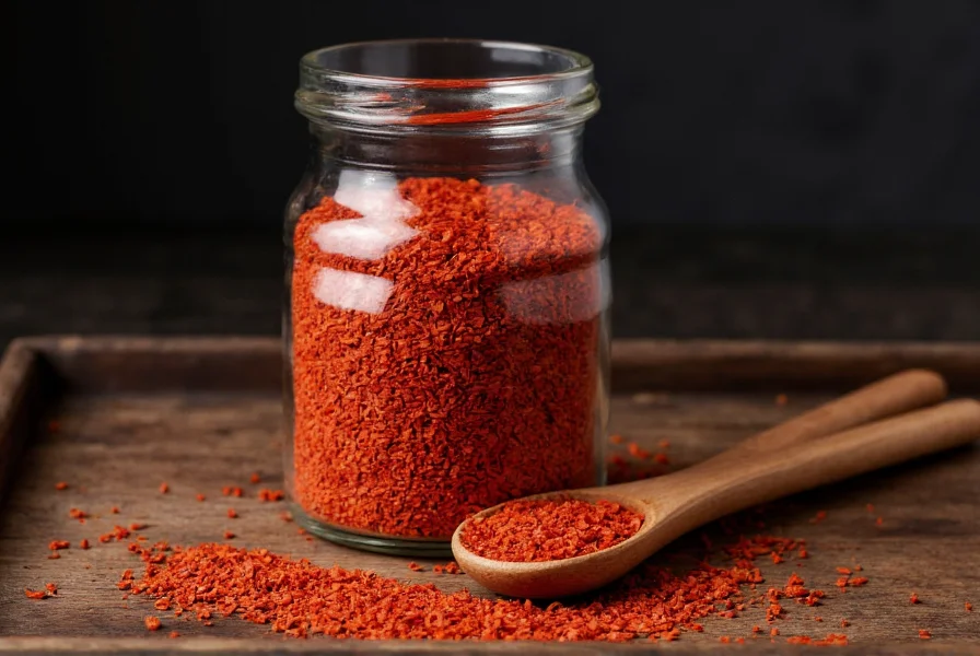 Sichuan chili flakes stored in traditional glass jar with wooden spoon showing vibrant red color against dark kitchen background