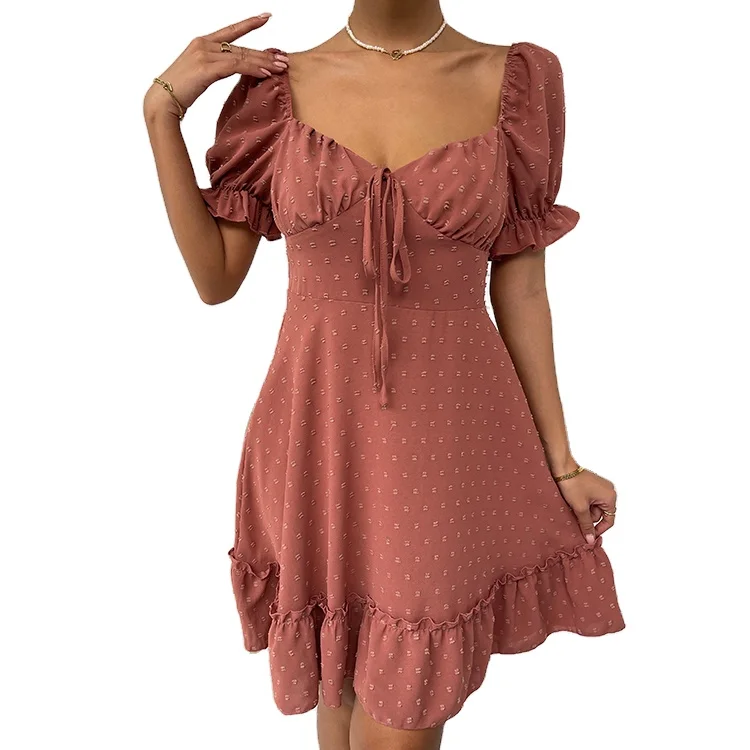 

China supplier square neck jacquard dress bandage ruffles Fashion dresses