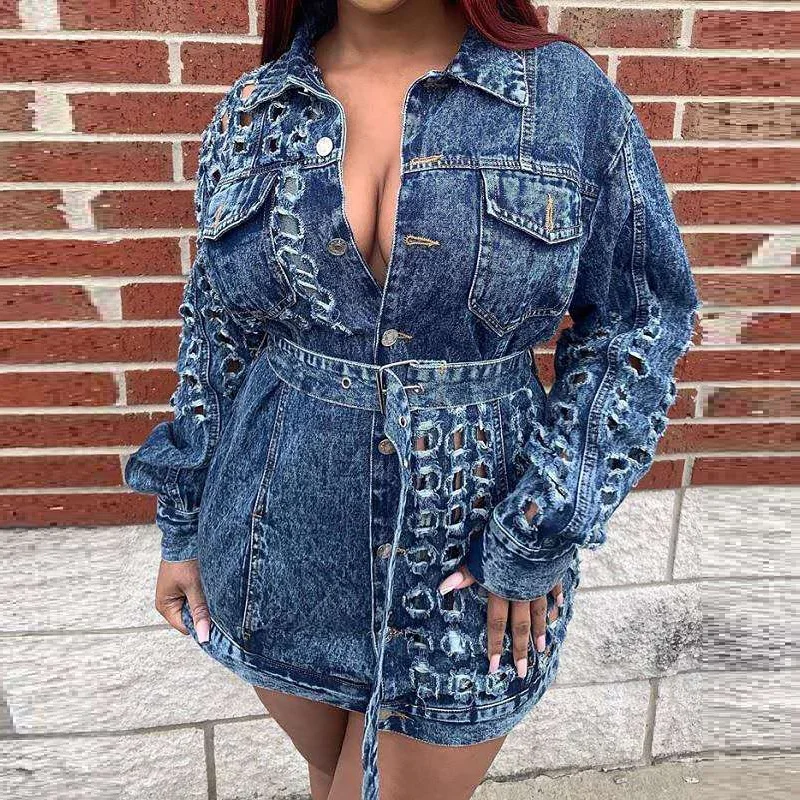

B63972A European and foreign trade women's clothes hot style sexy hollow waist shirt denim dress, Blue