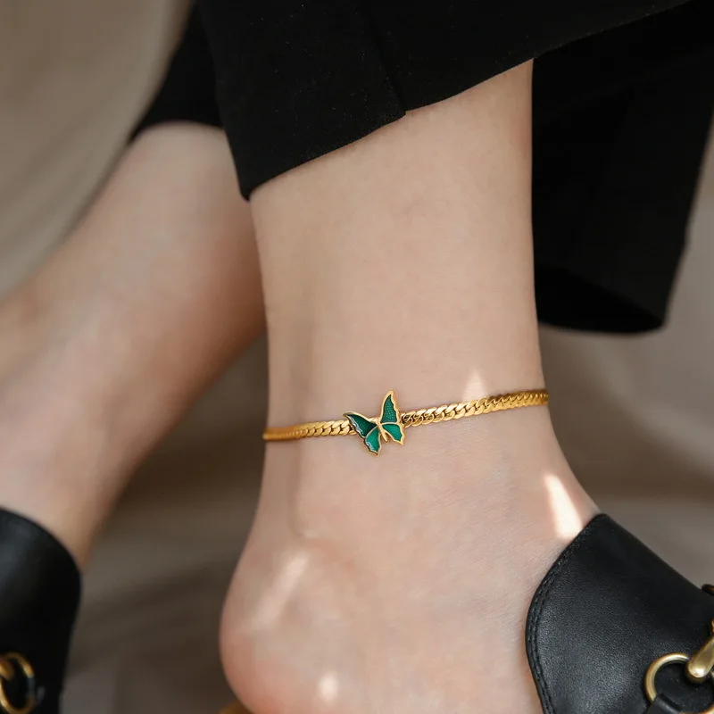 

New Arrival Fashion Non Tarnish Jewelry Anklets 18K Gold Plated Stainless Steel Weave Flat Chain Green Butterfly Anklet YF3246