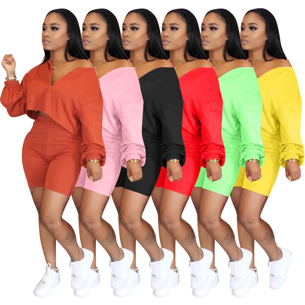 

Summer Fashion Solid Color Shorts Long Sleeve Top Casual Clothes Body Suits Women