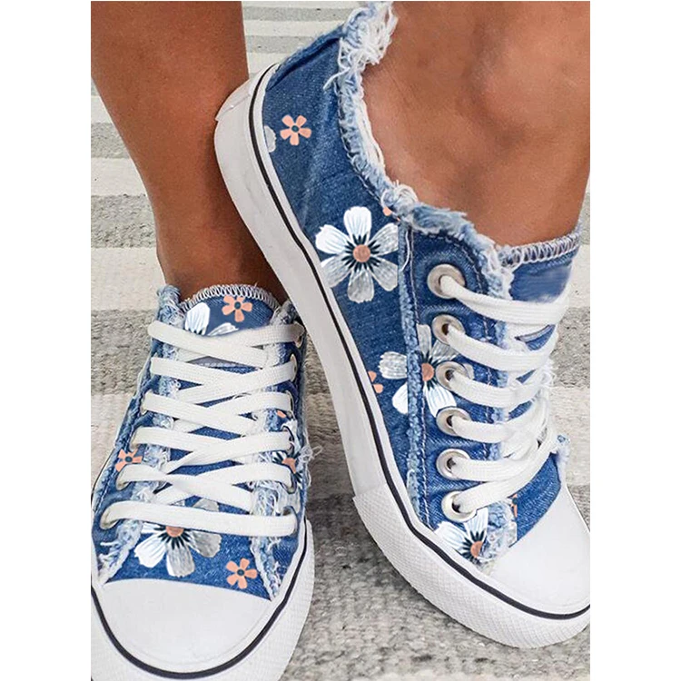 

Spring summer Floral Print lace up canvas shoes womens light blue casual women canvas sneakers shoes