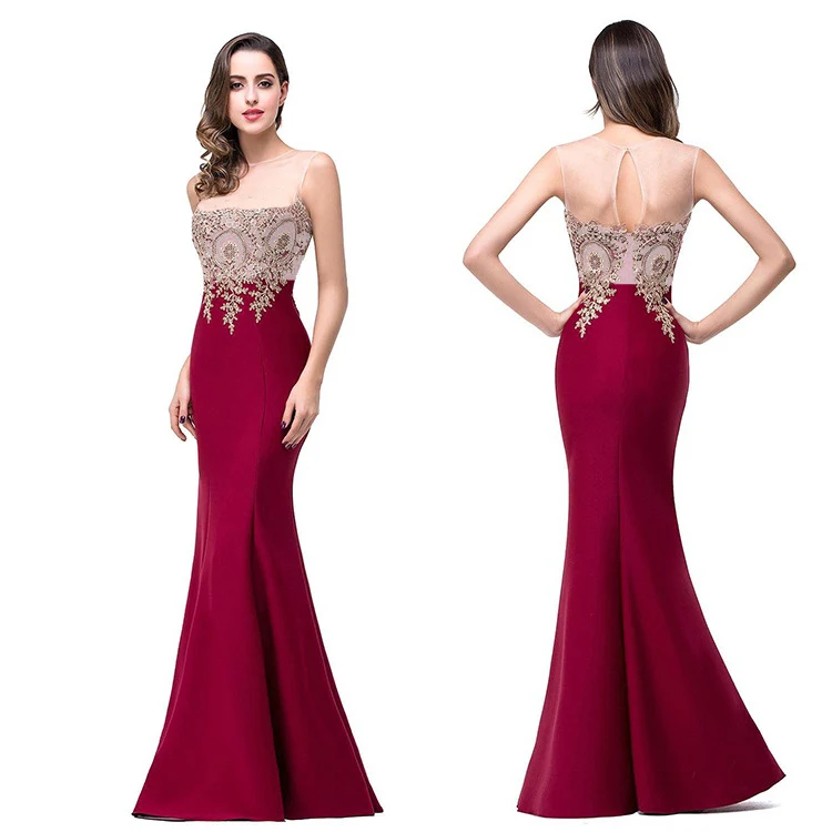 

Fashion clothing mermaid wedding party dress mesh embroidered panel slim fit backless gown gold prom dress women elegant