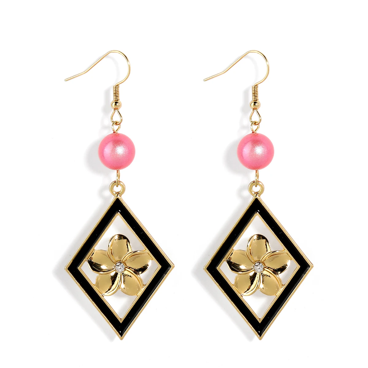 

Trendy Wholesale 18K Gold Plated Square Earrings Women Hawaiian Black Pearl Flower Square Geometric Shape Earrings