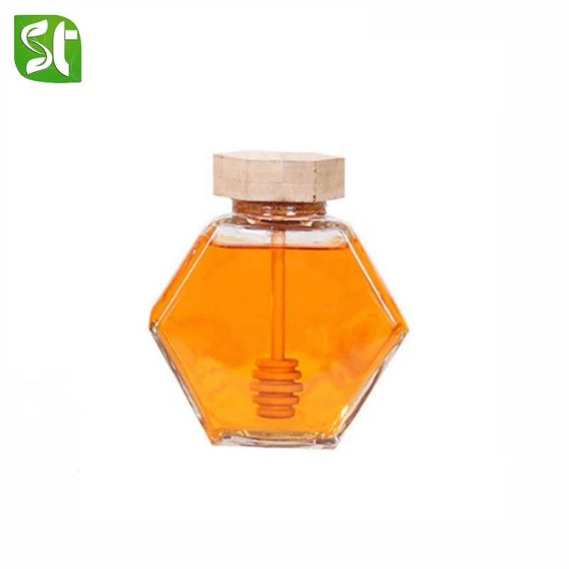 

Custom 220ml unique hexagon glass honey storage jar with honey stick and wooden lid, Transparent