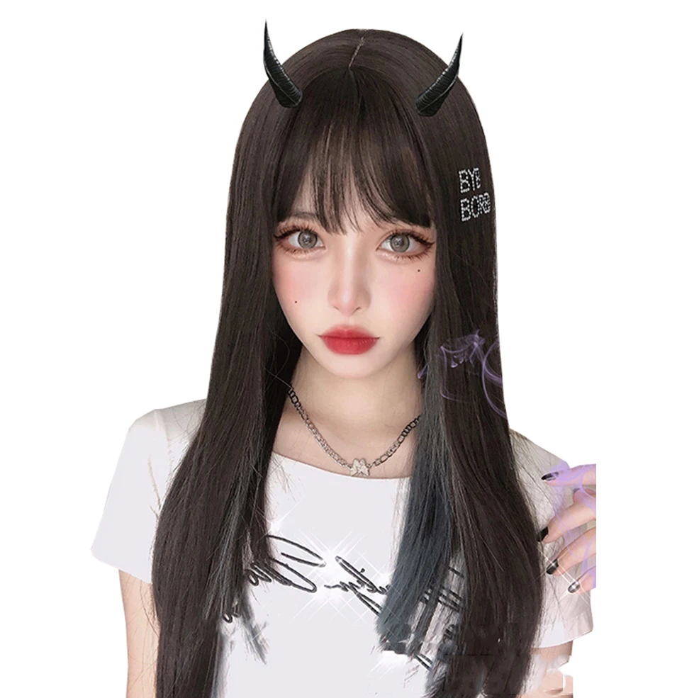 

Long Straight Dark Brown Color Scheming Gray Green Behind Ear Female Grooming Face Harajuku Girls Cosplay Party Wigs, Pic showed