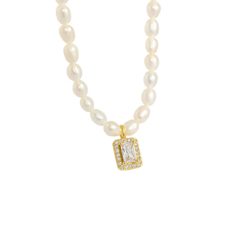 

Fashion 2021 women trendy luxury 925 silver 18k gold plated fresh water accessories sqare dainty pearl choker necklace