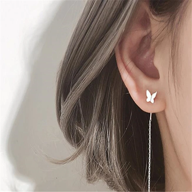 

pendiente S925 Silver needle Butterfly romantic tassel stud earrings fairy temperament long pendant female Gift accessories