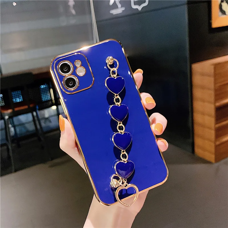 

Luxury Royal Blue Straight Edge Glossy Plating TPU Soft Phone Case for iPhone 12 11 Pro Max XS XR Casing With Bracelet, 10 colors