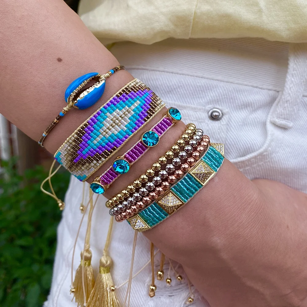 

fashion 5pcs one set bohemian lady devil eye bangle handmade miyuki blue zircon crystal bead bracelets