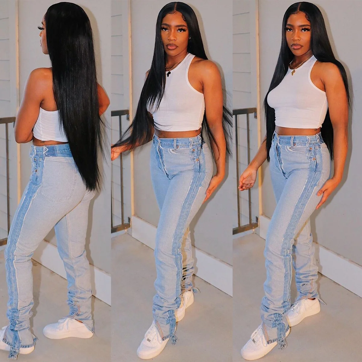 

Fall 2021 New Fashion Fringe Slim Zipper Blue Jeans Pants For Women