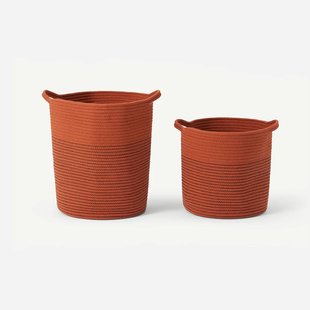 

Customized Two Handles Round Knitted Storage Baskett Cotton Rope Laundry Storage Basket