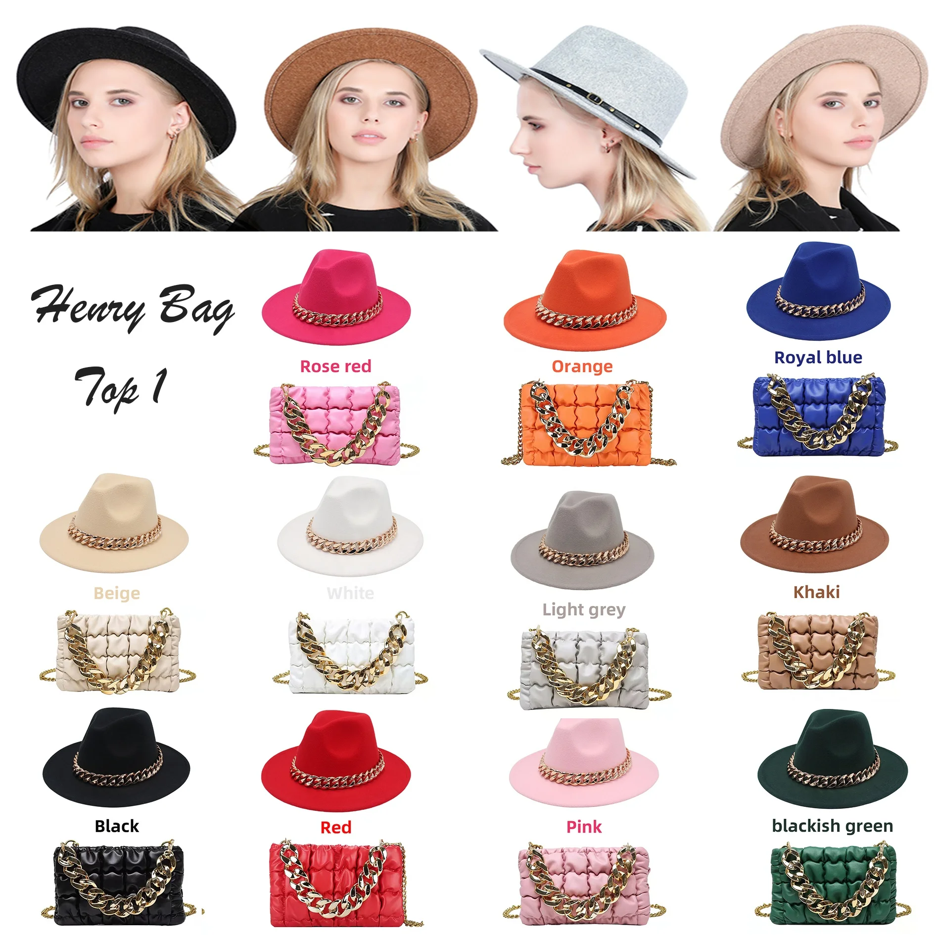 

Luxury Classic Ladies Solid Color Women Shoulder Small Square Quilted Pu Crossbody Gold Chain Fedora Hats and Handbag Match Sets, 11 colors