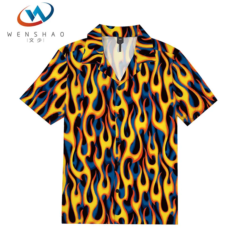 

Low Price Custom Polyester Fabric Breathable Fire Pattern Printed Short Sleeve Men Shirts, Custom color