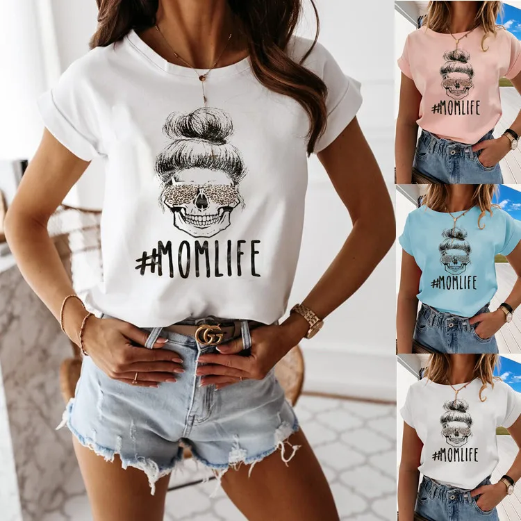 

Women Graphic T Shirts Summer Tops Tee Fashion Casual Vintage MOM LIFE Letters Print T Shirts