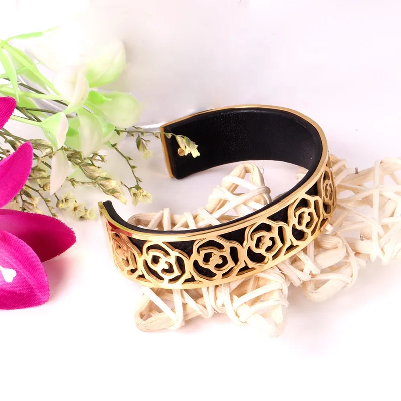 product-Retro Mens Casual Pair Of Leather Bracelet, Gold Flower Bangle-BEYALY-img