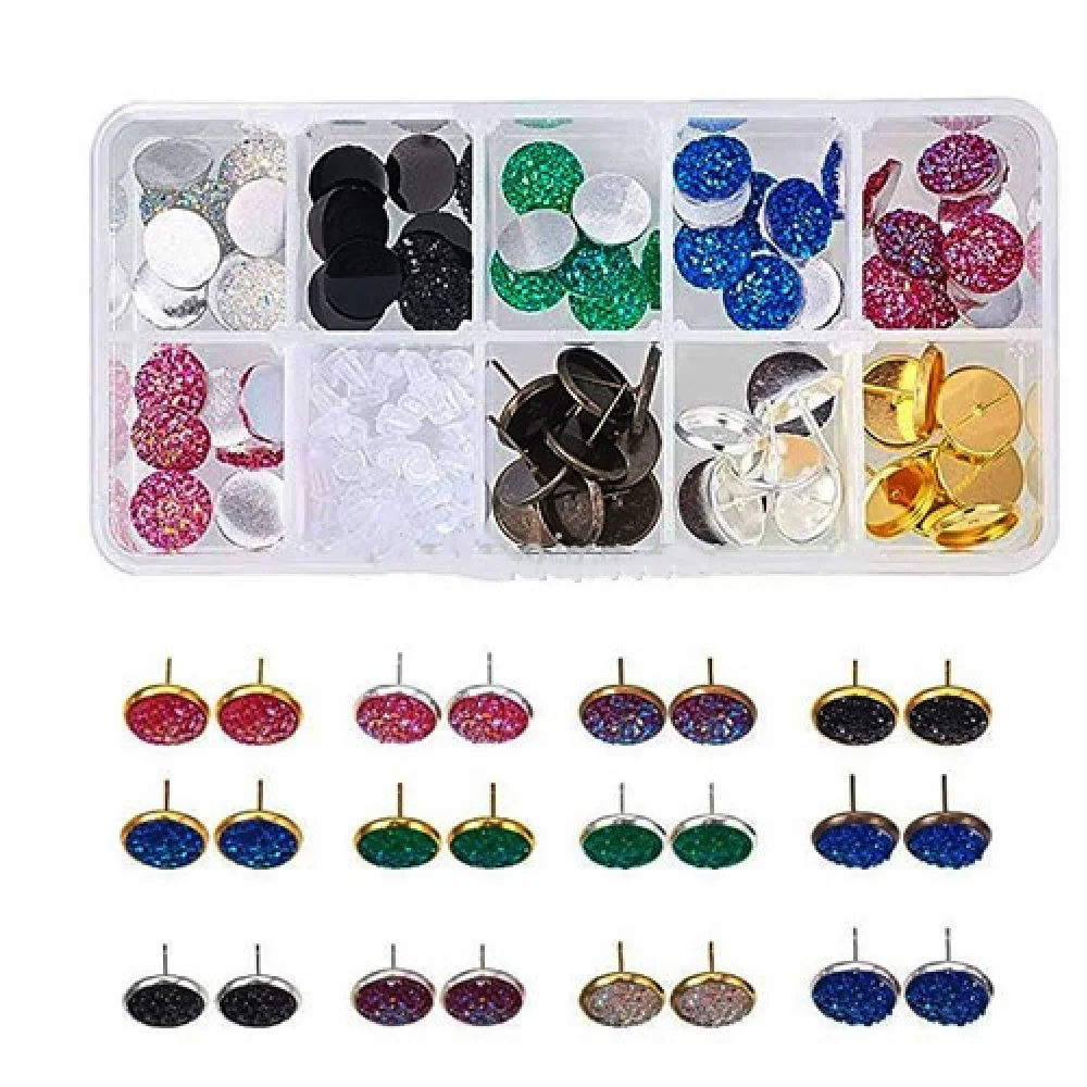 

Assorted 12mm Stainless Steel Stud Earrings Pins Cabochon Setting Women Earring Blank DIY Earring Jewelry Making Kit with Box, Picture