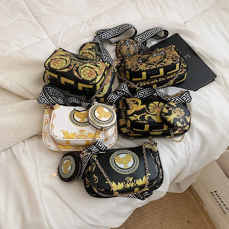 

2022 new women crossbody bag graffiti bag painted Single Shoulder Messenger chain bag 3pcs in one set handbags, As picture show
