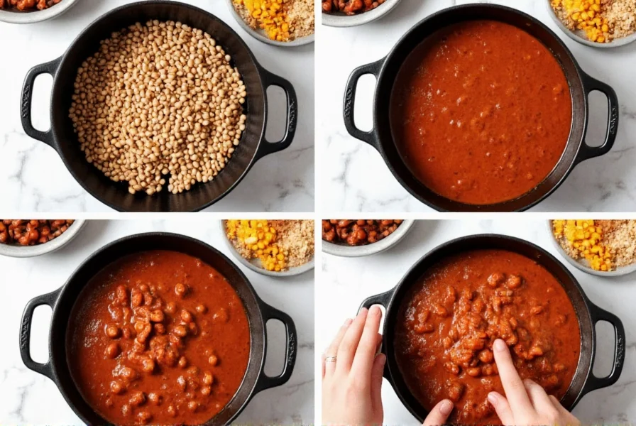 Step-by-step preparation of classic bean chili in a cast iron pot with ingredients arranged around it