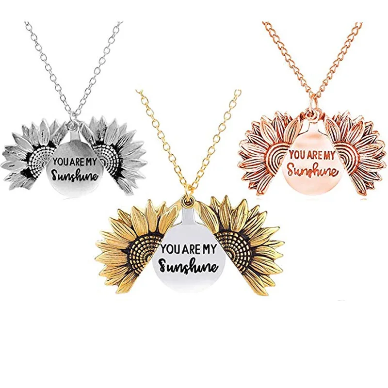 

Gold Silver Color Open Locket Necklace Engraved You Are My Sunshine Sunflower Pendant Necklace Unique Party Jewelry Gift, Picture shows