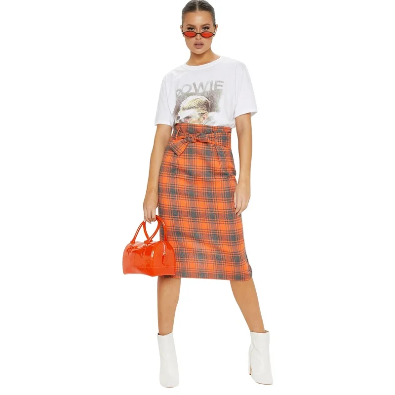 

Fashion Womens Checks skirt Mid-length All-match A-line with Bow Belt Straight Bodycon Skirts Casual orange plaid womens skirt