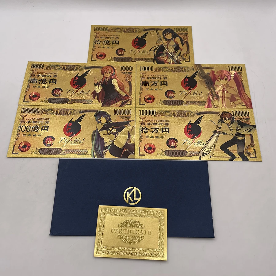 

5 DesigsJapanese Manga Akame-ga Kill gold collectible cards 10000 Yen Memory Anime Collection banknote gift for kids