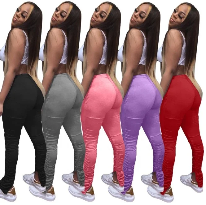 

stacked pants with pockets drape 5 colors ladies Solid color stacked leggings women sweatpants with ruched split stacks pant, Red, gray, black, pink, purple
