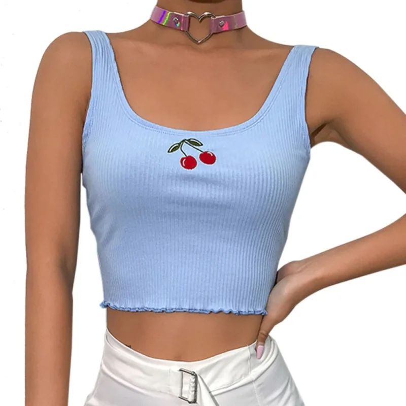 

WW-1118 Cherry Embroidered Sleeveless Brief Paragraph Small Vest Women Bodysuit Tank Summer Vest Top, Customized color