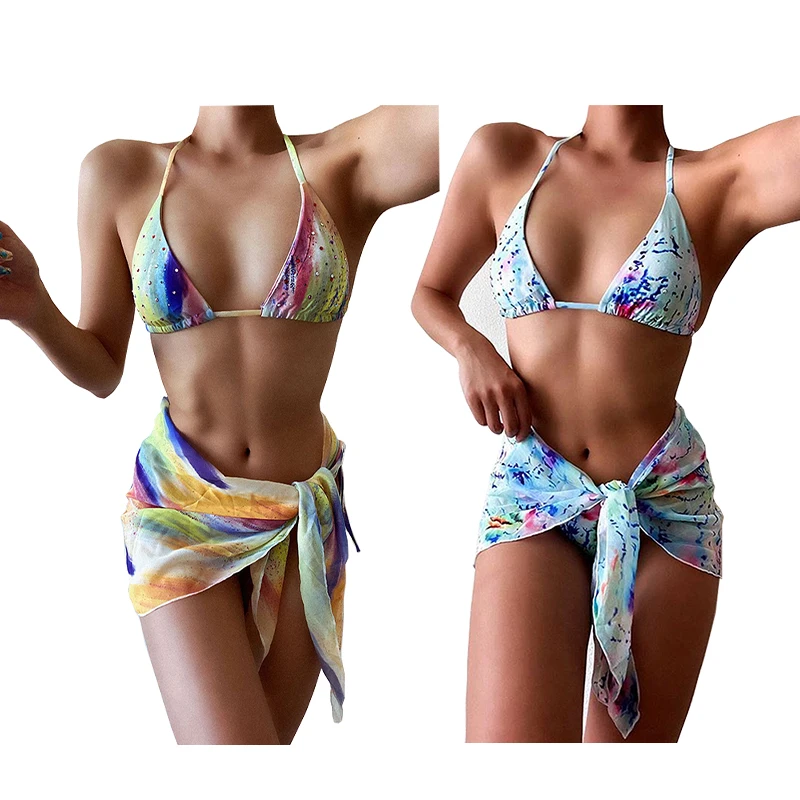 

2021 new trend wholesale swim wear sexy lace up swimsuit diamond three piece set Bandage beachwear bikini, Muticolor