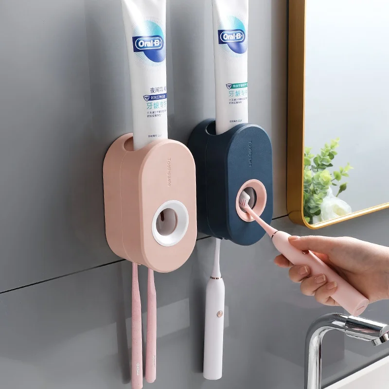 

Two Tooth Brushing And Automatic Toothpaste Dispenser Wall-mounted Plastic Toothbrush Holder, As picture