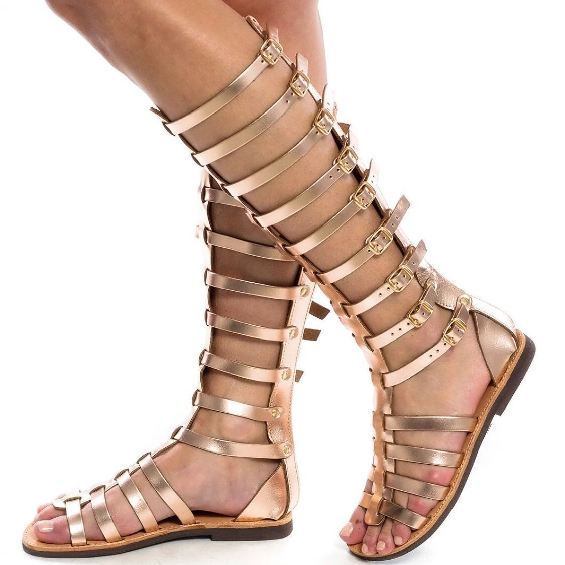 

Summer Gladiator Buckles Strap Open Toe Flat Sandals Leather Black Women Knee High Boots